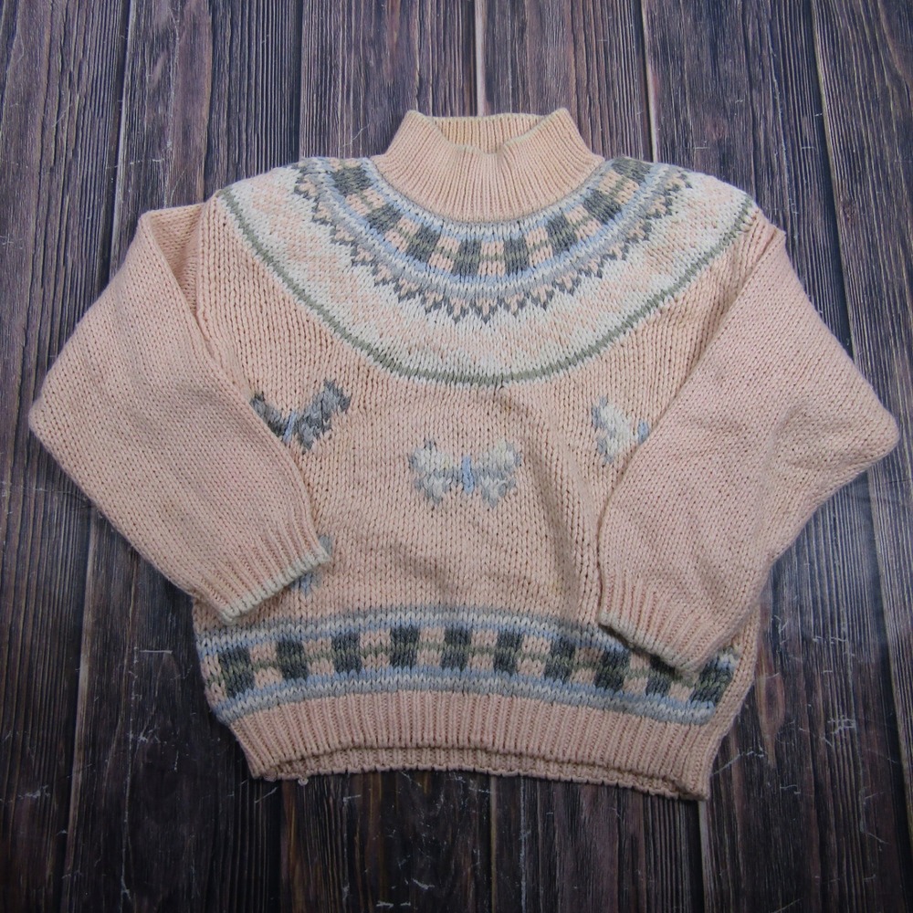 Bramble Lane Sweater Womens Medium Pink Hand Knitted Butterfly Fair Isle Ramie